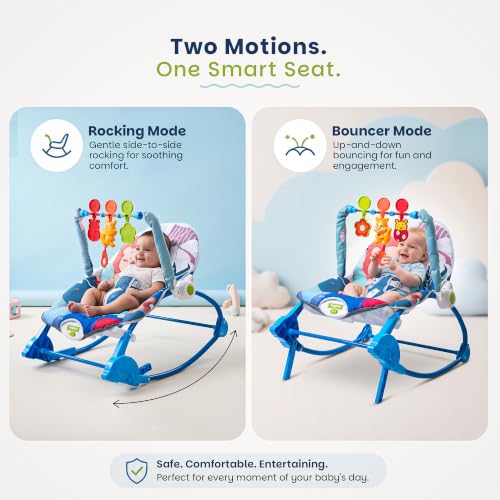 Image of Baybee 2 in 1 Baby Rocker & Bouncer, 3-Position Recline, Soothing Music, Removable Hanging Toys, Soft Cushioned Seat & Safety Harness, Rocking Chair for Newborn 0-3 Years (Blue)