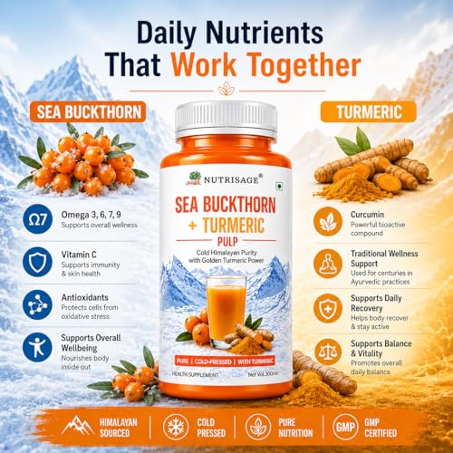 Image of Sea Buckthorn + Turmeric Pulp | Cold Pressed Himalayan Wellness Drink | Rich in Omega 3,6,7,9, Curcumin & Vitamin C | No Added Sugar | Antioxidant Rich | 300ml