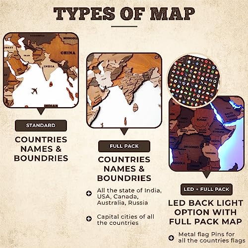 Image of Woodsify 3D Wooden World Map Wall Decor, Large Standard Colorful World Map Wall Decor Wooden for Office Wall Decoration Items, Corporate Gift, Travel World Map Diwali Gift (STANDARD, L - 59 inch*35 inch)