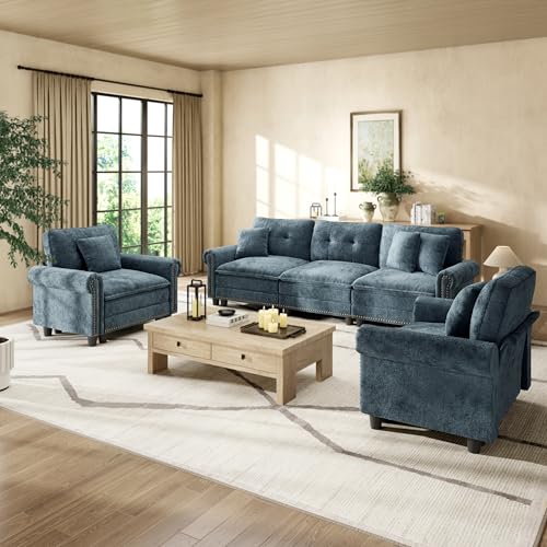 Image of HERA'S HOUSE Modular Sectional Sofa and Chair Set for Living Room 3-Piece | Mid-Century Modern 5-Seater Cloud Sofa Set, Cyan, Rolled Arms & Nailhead Trim, Wider & Deeper Seats, Chenille Furniture Set