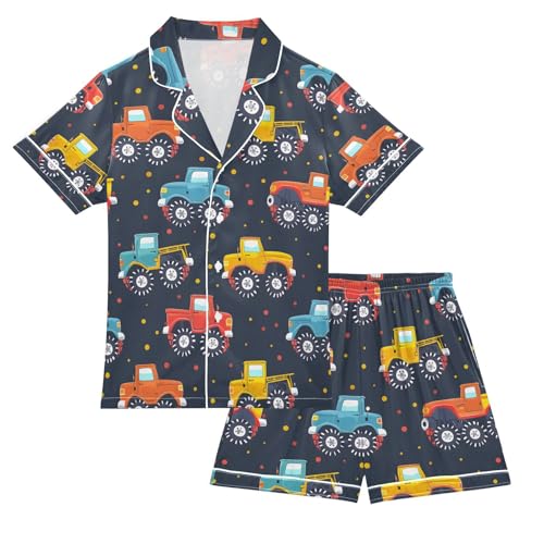 ALAZA Truck Car Polka Dots Pajamas Satin Pajama Set Short Sleeve Button Down Sleepwear