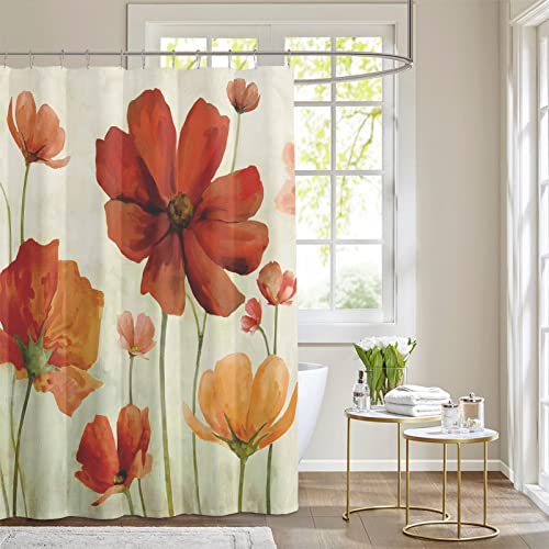 Cortina de ducha con diseño floral, color rojo, naranja, con flores de amapola vintage, decorativas, para decoración de granja, baño, bañeras, hotel con 12 ganchos, 72 x 72 pulgadas Cover