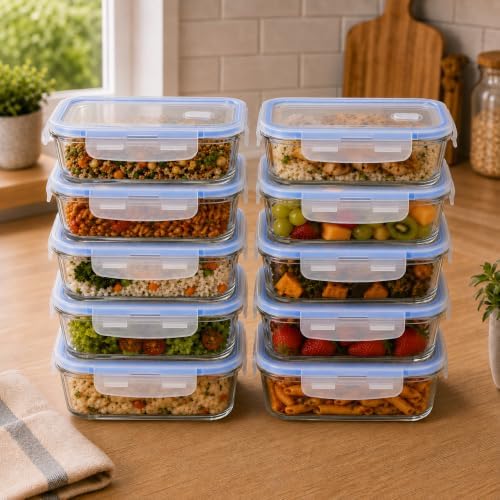 Kit 10 Potes Herméticos de Vidro 640ml com Tampa 4 Travas e Válvu...