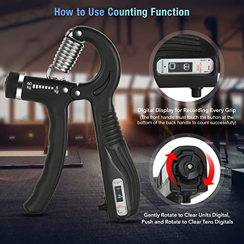 Hand Grip Strengthener, 5 Pack Forearm Trainer Workout Kit, Adjustable Resistance Hand Gripper with Counter, Finger Exerciser, Finger Stretcher, Grip Ring and Stress Relief Ball for Recovery Athletes - Image 3