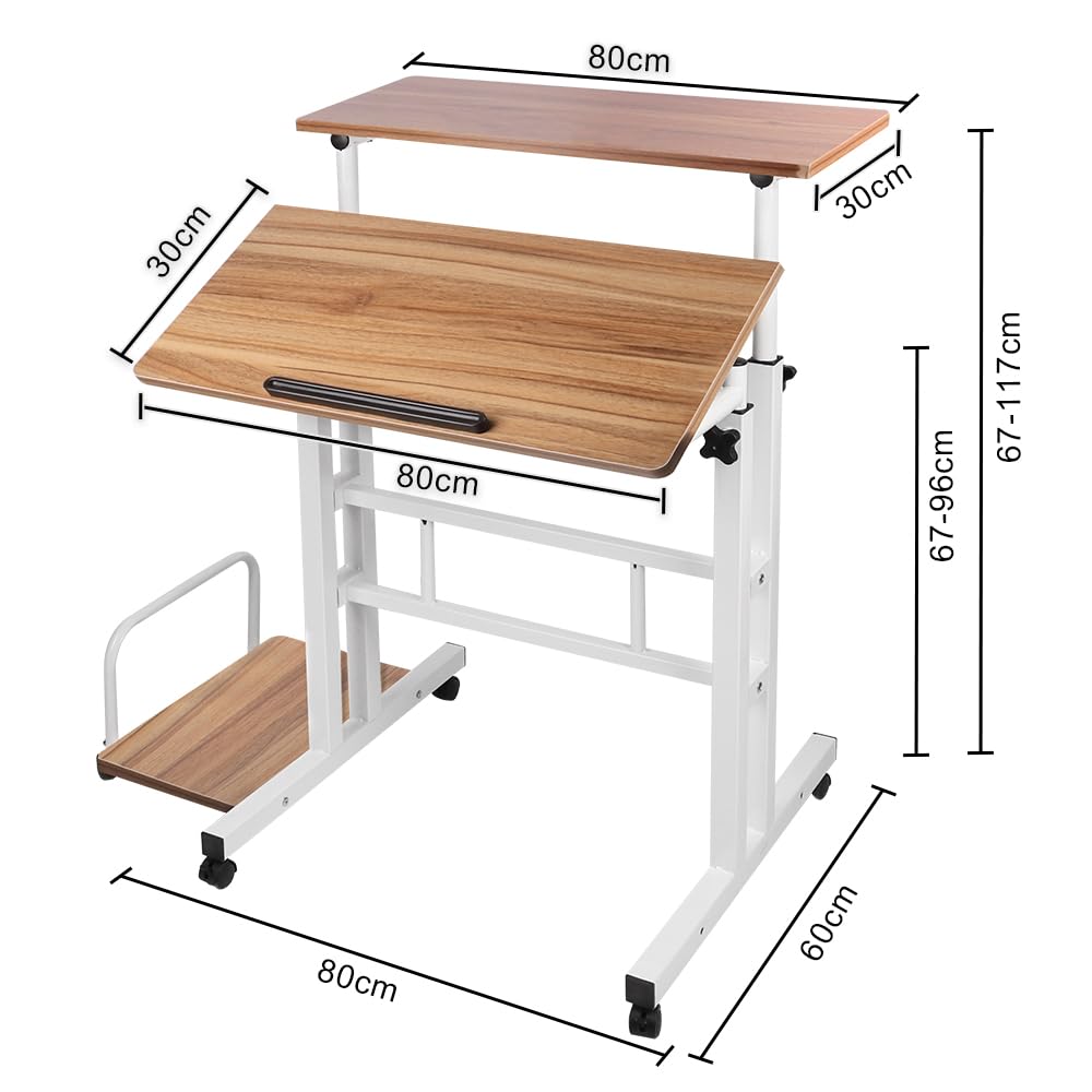 SDdPulse Dunkles Eichenholz, tavolo mobile per computer regolabile in altezza, con ruote, per camera da letto e soggiorno, 82 x 60 x 67-117 cm