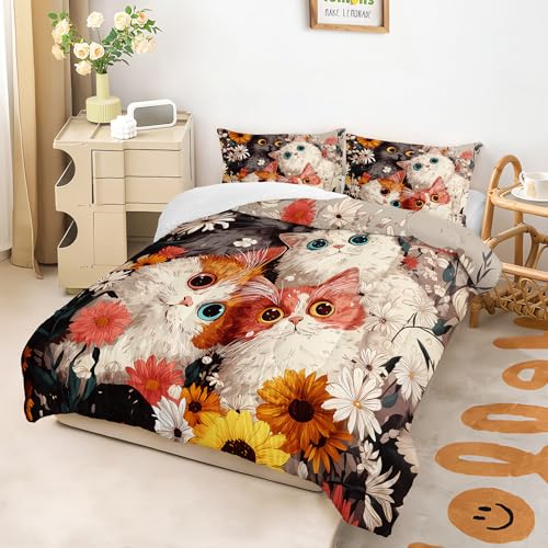Image of AILONEN Kawaii Cat Bedding Sets for Girls,Floral Cute Kitten Comforter Set Twin Size,Pet Animal Duvet Set,3 Pieces,1 Quilt and 2 Pillowcases,Microfibre
