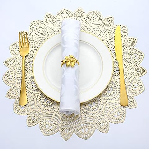 Evevda Leaf Gold Placemats for Dining Table Set of 6 Vinyl Home Kitchen Table Hotel Decorations for Birthday Party Wedding Hollow Pattern Cover