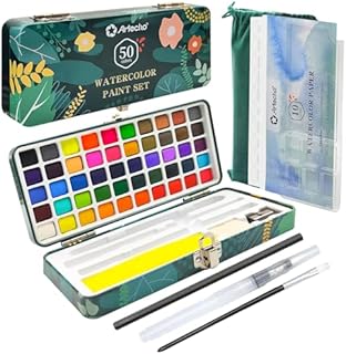 Artecho Watercolour Paint Set 50 Colors in Portable Box Including 4 Fluorescent Colors, Travel Watercolour Set with Watercolour Papers, Brushes and other Tools, Idea for Artists and Hobbyists
