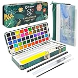 Artecho, Set di acquerelli, 50 colori, in scatola portatile, con 4 colori fluorescenti, set da viaggio con carta per acquerelli, pennelli e altri strumenti, idea per artisti e hobbisti