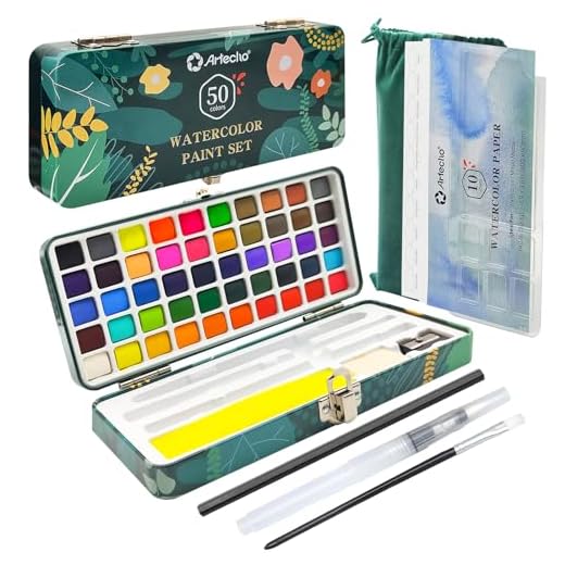 Artecho Set de Acuarela 50 Colores en Caja Portátil Incluyendo 4 Colores Fluorescentes, Set de Acuarela con Herramientas de Dibujo, Ideal para Artistas y Pintores Aficionados