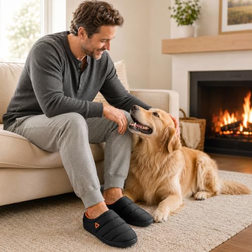 Image of Slippers for Men Water-Resistant Quilted Puffer Upper Memory Foam Slippers Non Slip Indoor Outdoor House Shoes Cozy Slip on Slippers for Home Bedroom Travel Camping Gift