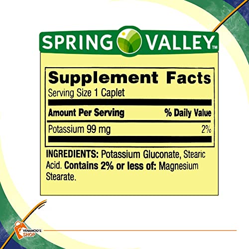 Spring Valley Potassium Dietary Supplement, 99 Mg, 100 Caplets For Heart, Nerve & Muscle Function + Includes Venancio’sfridge Sticker #TOP5