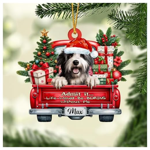 FAMITRENDZ Personalized Polish Lowland Sheepdog Dog On Red Truck Ornament, Custom Polish Lowland Sheepdog Dog Name, 2D Flat Shape Dogs Christmas Ornaments, Dogs Lovers Gift, Christmas Decor