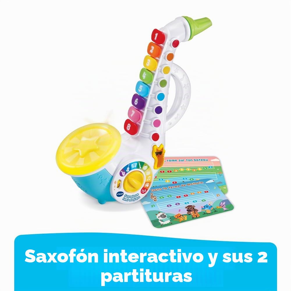 VTech Lumi - Saxofón mágico, Instrumento Musical de Jazz para niños, saxofón Interactivo con 8 Teclas Coloridas, 4 Canciones Infantiles, a Partir de 2 años