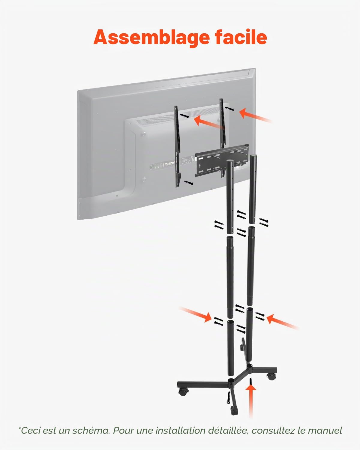 VEVOR Support TV à roulettes, pour téléviseurs/LED/LCD/OLED de 812,8 à 1651 mm, Chariot TV Mobile, jusqu'à 40 kg, Support télé sur Pied Portable, Max. VESA 400 x 400 mm, pour Salon, Bureau, extérieur