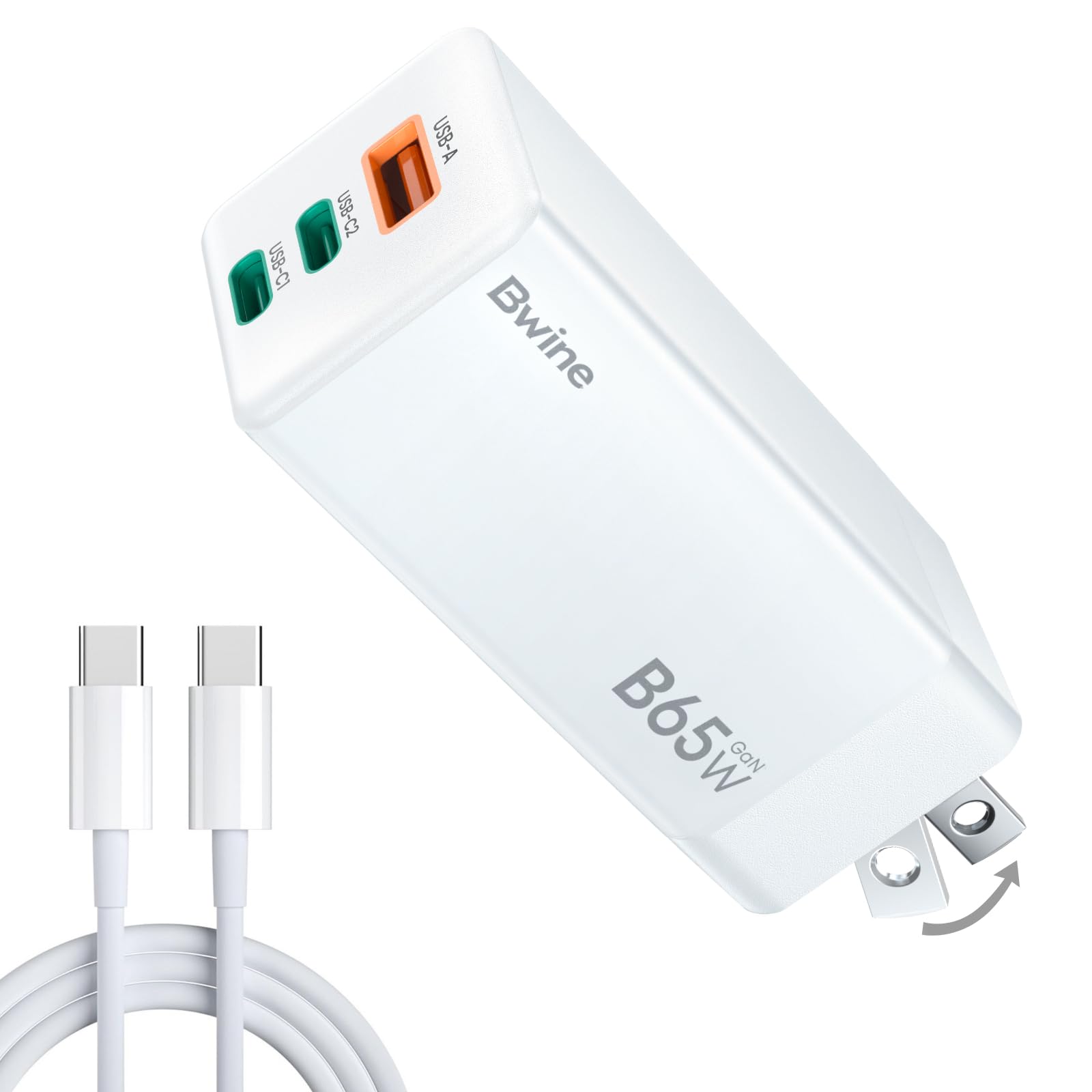 Bwine 65W USB C Charger 3-Port GaN Wall Charger with 4 ft USB-C Cable Cord Compatible with Drone