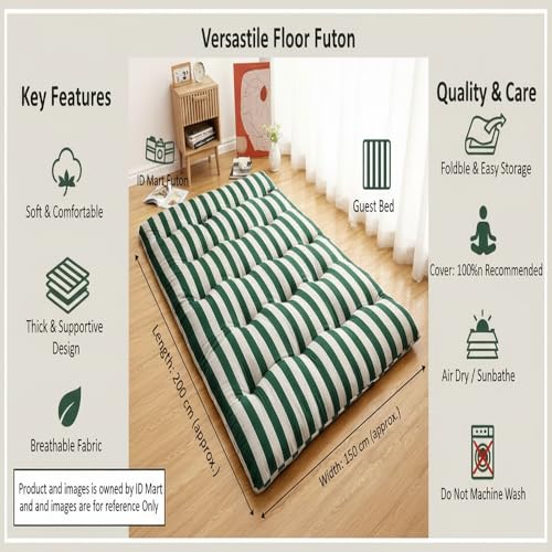Image of Adim's Handmade Traditional Quilt Gadda Mattress, Green Lining, Single 3x6 ft, Pure Cotton Fabric, Cotton Filled, Firm, Reversible Design, for Floor Sleeping and Bed Use