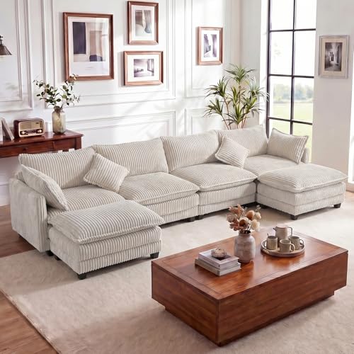 Image of Vesgantti 143 inch U Shaped Sectional Modular Couch, Comfy Corduroy Upholstered Modular Cloud Sofas for Living Room, Modern Sectional Sofa with 2 Ottoman Deep Seat, Beige