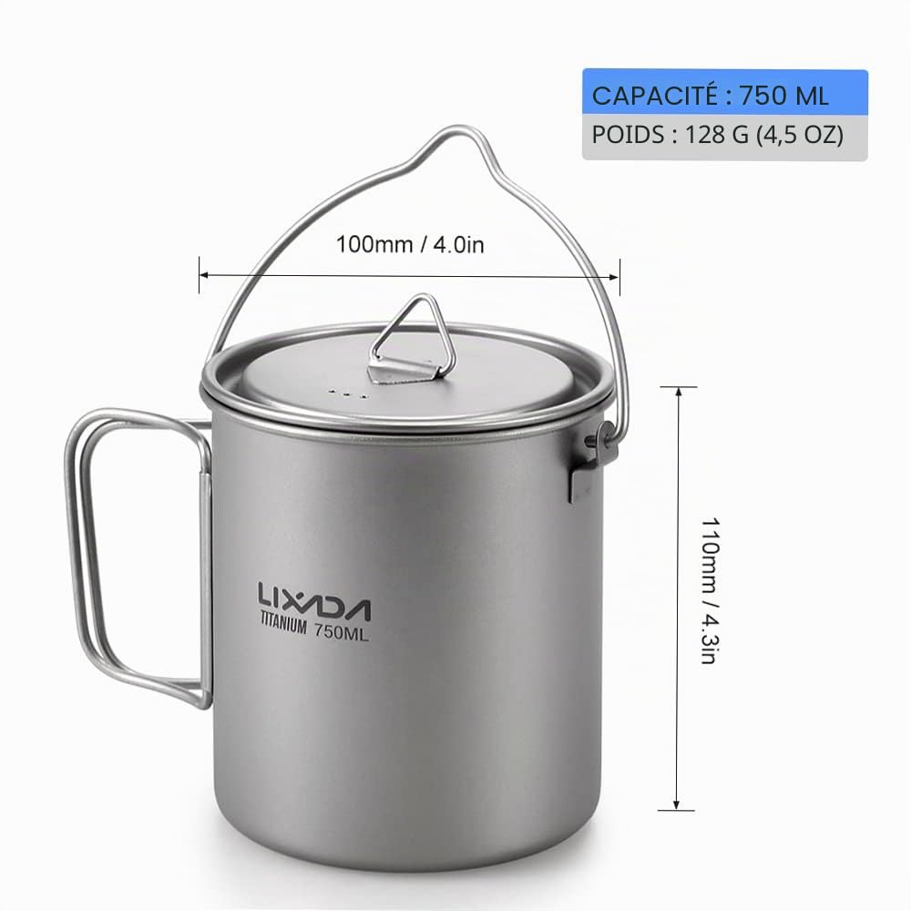 Lixada Titanium Cup Pot Ultralight Portable Cup Pot Suspendu avec Couvercle et poignée Pliable Camping en Plein air Randonnée pédestre 900ml