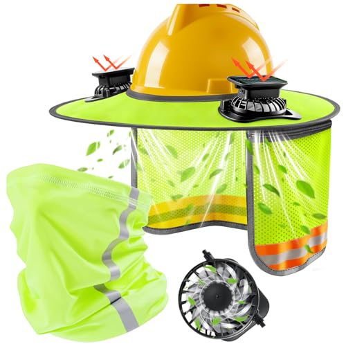 1 Set Hardhat Sun Shade Kit Hard Hat Visor Sun Shade Full Brim with Solar Fans and Neck Gaiter Hard Hat Sun Shield with Reflective Strip for Construction Workers Outdoor(Neon Yellow)