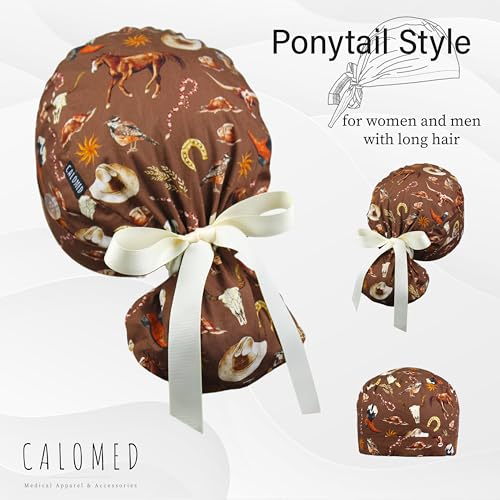 Image of Scrub Cap for Women and Men, Ponytail Scrub Caps, Working Hat, Head Cover with Ribbon Ties and Buttons, Long Hair