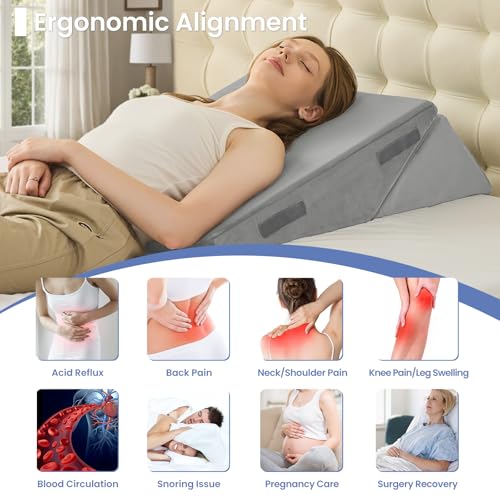 Sasttie Wedge Pillow for After Surgery, Adjustable Bed Wedge Pillow Headboard for Acid Reflux, Sleeping, Neck & Back Support, with Removable Cover, Light Grey & Velvet