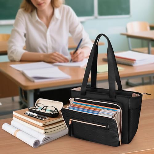 Image of Teacher Tote Bag for Women, Laptop Bag with Accordion File Organizer | Briefcase with File Organizer Compartment, Padded Laptop Sleeve, Large Capacity Teacher Work Bag Office Essential
