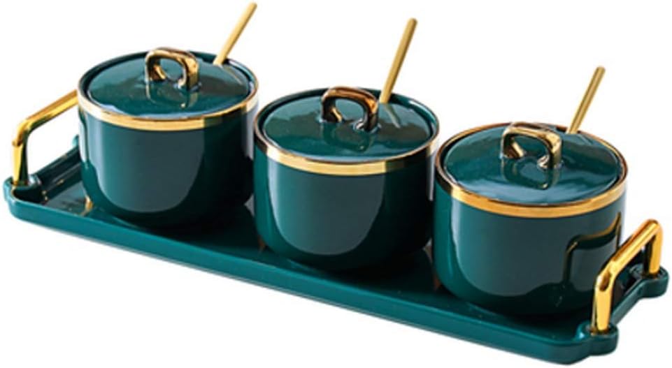 Ceramic Sugar Bowl, Salt and MSG, Seasoning Pot, Box, Household Three-piece Set(E)