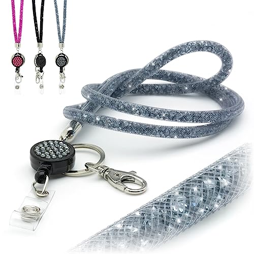 CKB LTD Grey Sparkle Lanyard Rhinestone Silver Glitter Crystal Gems Neck Strap with Swivel Metal Clip and Sparkly Bling Retractable reel ID Badge Holder Clip 1pc