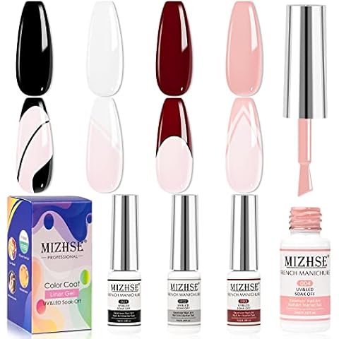 MIZHSE Nagelgel French Manicure Gel Polish Schwarz Weiß Gel 4 Farben Set Liner Nail Art UV/LED Built French Line Nail Art Pinsel 8ml*4 Cover