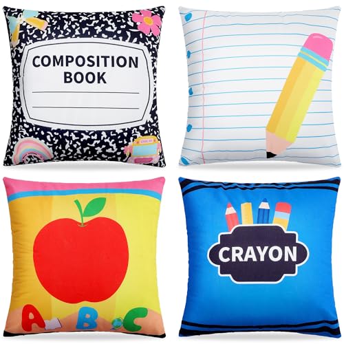 Aneco 4 Pieces Composition Notebook Throw Pillow Covers 18 x 18 Back to School Throw Pillow Cases Classroom Pillowcase for Reading Room Dorm Playroom Home Bed Couch Sofa Decor