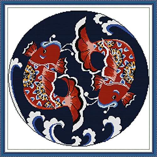Image of Amiiba Stamped Cross Stitch Kits, Bagua Auspicious Koi Carp Wave Map DIY 11CT 23.6x23.6 inch (Carp)