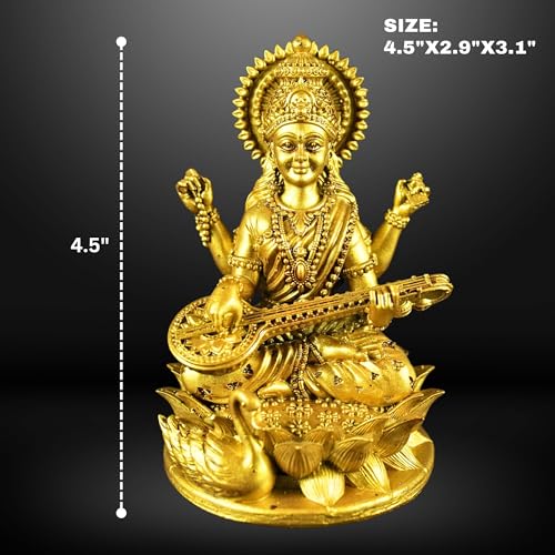 Image of Saraswati Devi Idol 4.5 Inches Material Polystone Statue - Painted Brass, Antique Silver & White Finish Veena Vadini Maa Saraswati Murti Vasant Panchami for Home & Office Decor (Brass)