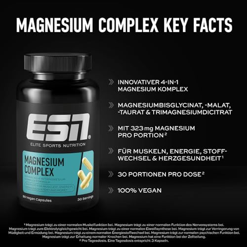 ESN Magnesium Complex, 90 Kapseln, 323 mg Magnesium pro Tagesportion, 4 in 1 Komplex Formel - Made in Germany 3