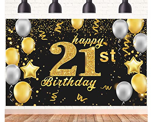 Happy 21st Birthday Banner,21st Birthday Decorations Black Gold,Party Backdrop Banner Fabric Banner for Men Women 21st Birthday Photo Backdrop,Photography Background,Outdoor Garden Table Wall Decor