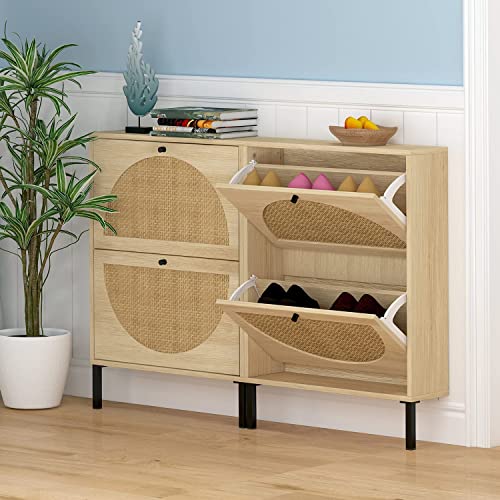 Pvillez Natural Rattan Shoe Cabinet, Modern Free Standing Shoe Racks Storage Cabinet With 2 Flip Drawers And Storage Shelves, Narrow Shoe Rack Cabinet For Entryway, Hallway, Bedroom, Natural #TOP3