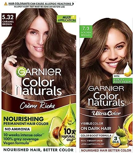 Garnier Color Naturals Crème hair color, Shade 5.32 Caramel Brown, 70ml + 60g & Garnier Color Naturals Crème Riche Hair Color, 730 Golden Brown, 55ml + 50g