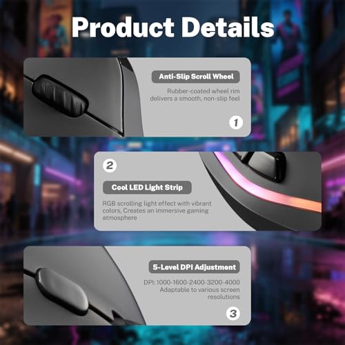 Image of Gaming Mouse with Display, Wireless Vertical Ergonomic Mouse with Tri-Mode Connectivity, 7 Programmable RGB Buttons, 4000 DPI, Rechargeable for PC Laptop Mac