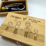 EVYRE | Set de Vino en Caja de Bambú | Personalizado con Nombre | Incluye Sacacorchos, Tapón Y Recogegotas | Regalos Originales, Día del Padre | Regalo Personalizado para Amantes del Vino | Familia