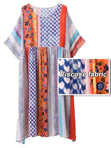Image of Women Summer Dress with Pockets Plus Size Boho Floral Print Round Neck Loose Casual Flowy Dress