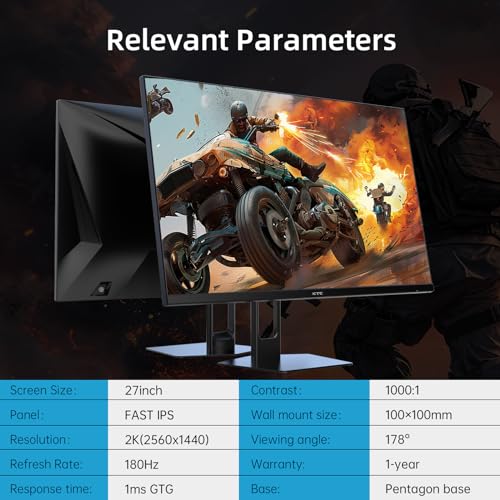 Image of KTC 27 inch Gaming Monitor 180Hz QHD(2560x 1440p), 1MS,Fast IPS Monitor,122% sRGB,1X DP & 2X HDMI,HDR 10,VESA,FreeSync 144Hz 2K Monitor Black