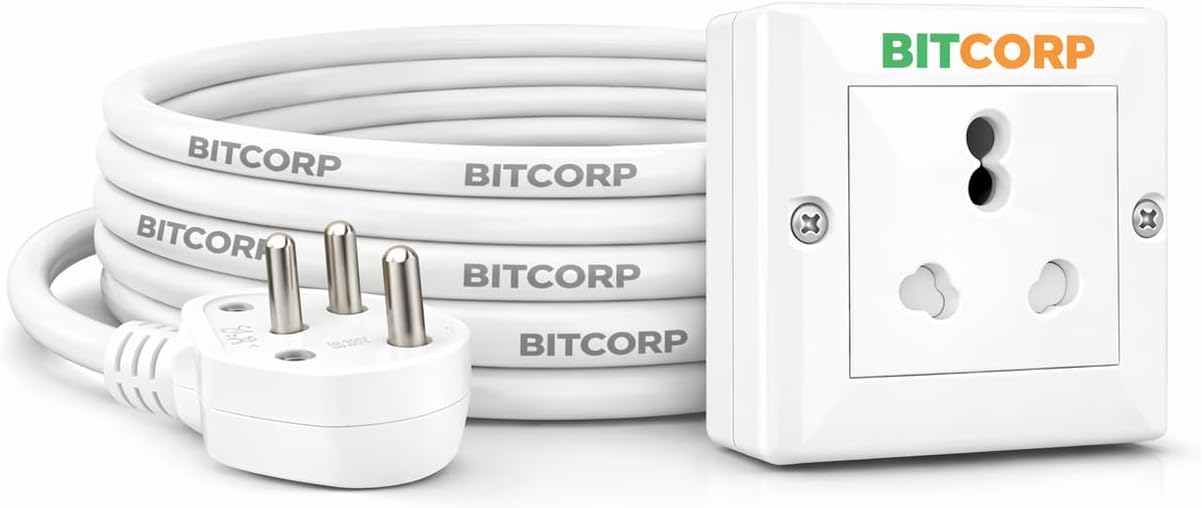 BITCORP 16A Power Extension Board with 1 Socket, 2500W, 2 Meter 1.5mm Electric Cord for Computer, Refrigerator, AC, TV, Home and Office Appliances