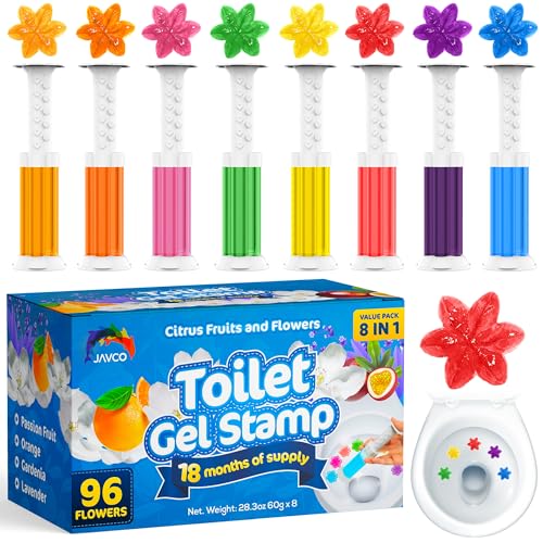 JAVCO Toilet Gel Stamps 96 Flower Stamps Toilet Bowl Freshener Long Lasting Toilet Cleaners Gel for Bathroom Odor Control 8 Mixed Scents Automatic Toilet Bowl Deodorizer 18 Month Supply