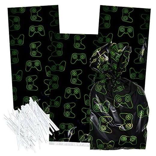 100 Video Game Cellophane Bags Gaming Plastic Treat Favor Bag Gamer Remote Controller Themed Birthday Party Supplies Decorations for Kids Classroom Reward, Carnival Candy Goody Grab Bag Gift Boutique