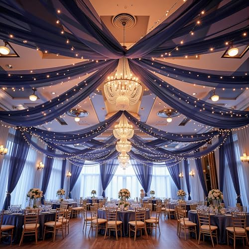 Navy Blue Ceiling Drapes with Lights String for Weddings, 6