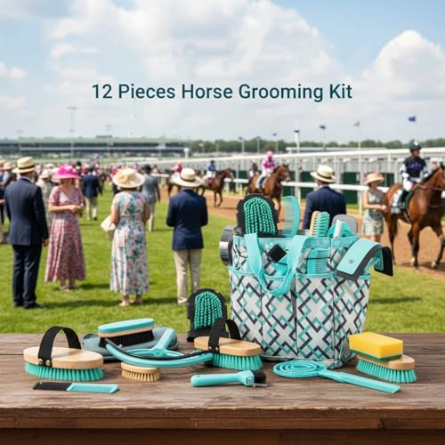 Abbylike 12 Piece Horse Grooming Kit with Organizer Tote Bag Brush Sets for Derby Day Show Horses Professional Tools for Care & Massage(Mint Green and Grey) - Image 6