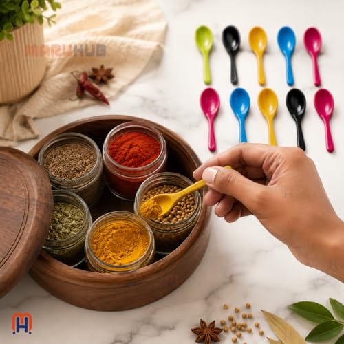 Image of MaruHub 10Pcs Plastic Spoons for Masala Jar, Multicolor Reusable Kitchen Spice Condiment Scoops, Small Baby Food & Candy Spoon Set, Non-Toxic BPA-Free Spoons for Home & Cooking (11 x 2.5 cm)