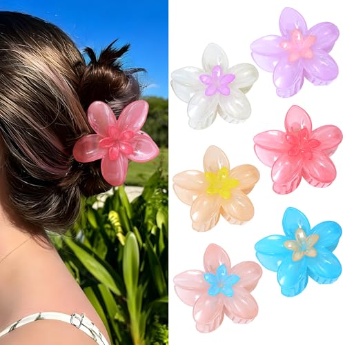 Mesovor 6 Pack Flower Claw Clips for Women, Two-Tone Flower Hawaiian Plumeria Large Hair Clips for Thick Thin | Tropical Floral Beach Vacation Hair Accessories (Jelly Colors)