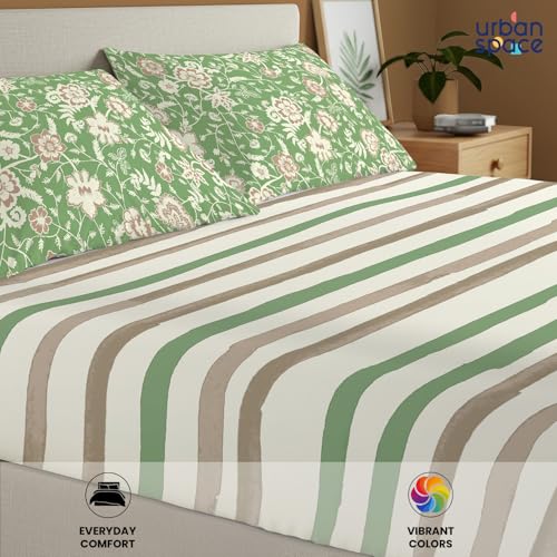 Image of Urban Space 144 TC Divine 100% Cotton Bedsheet for King Bed, Cotton Bedsheet with 2 Pillow Covers (Size 108 x 108 inches, Streak Sage Green, King Size)