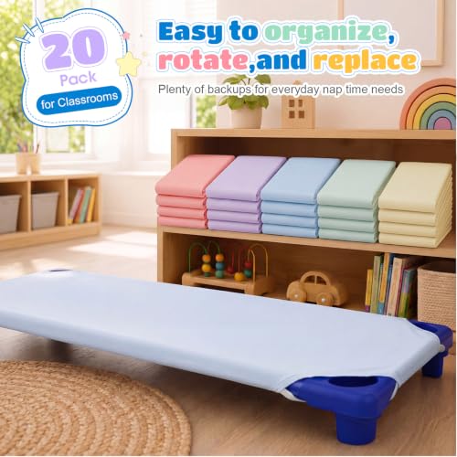 Image of Macarrie 20 Pack Cot Sheets for Daycare Standard Size 23 inch x 51 inch Toddler Cot Sheets, Soft Breathable Preschool Nap Sheet Polyester Cotton Daycare Essentials for Boys Girls Naptime Sleeping (Macaron)
